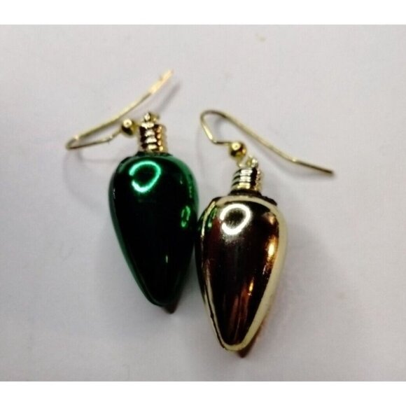 Green Gold Christmas Tree Light Bulb Earrings Hook Drop Dangle - Picture 2 of 3